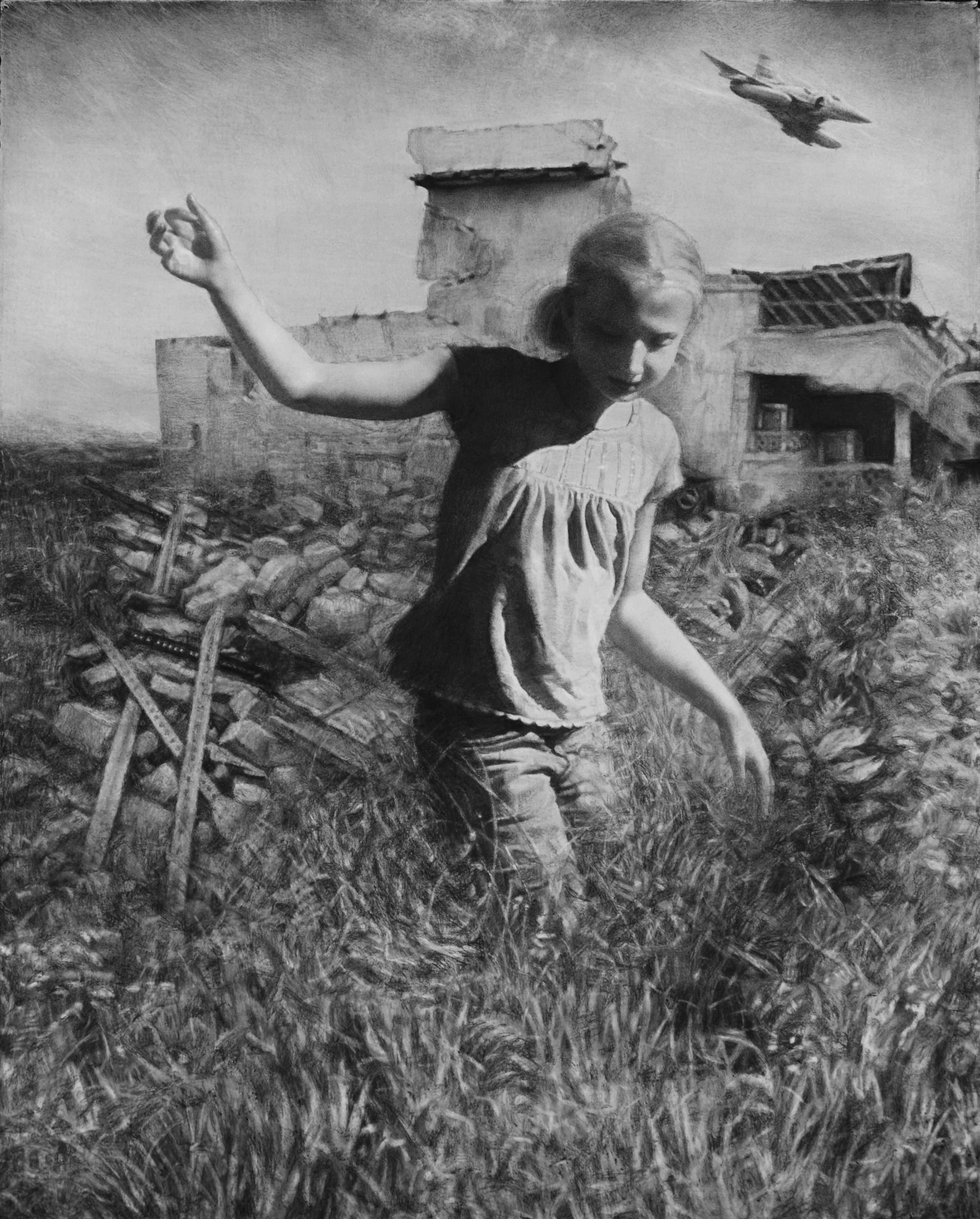 black and white drawing of children playing outside